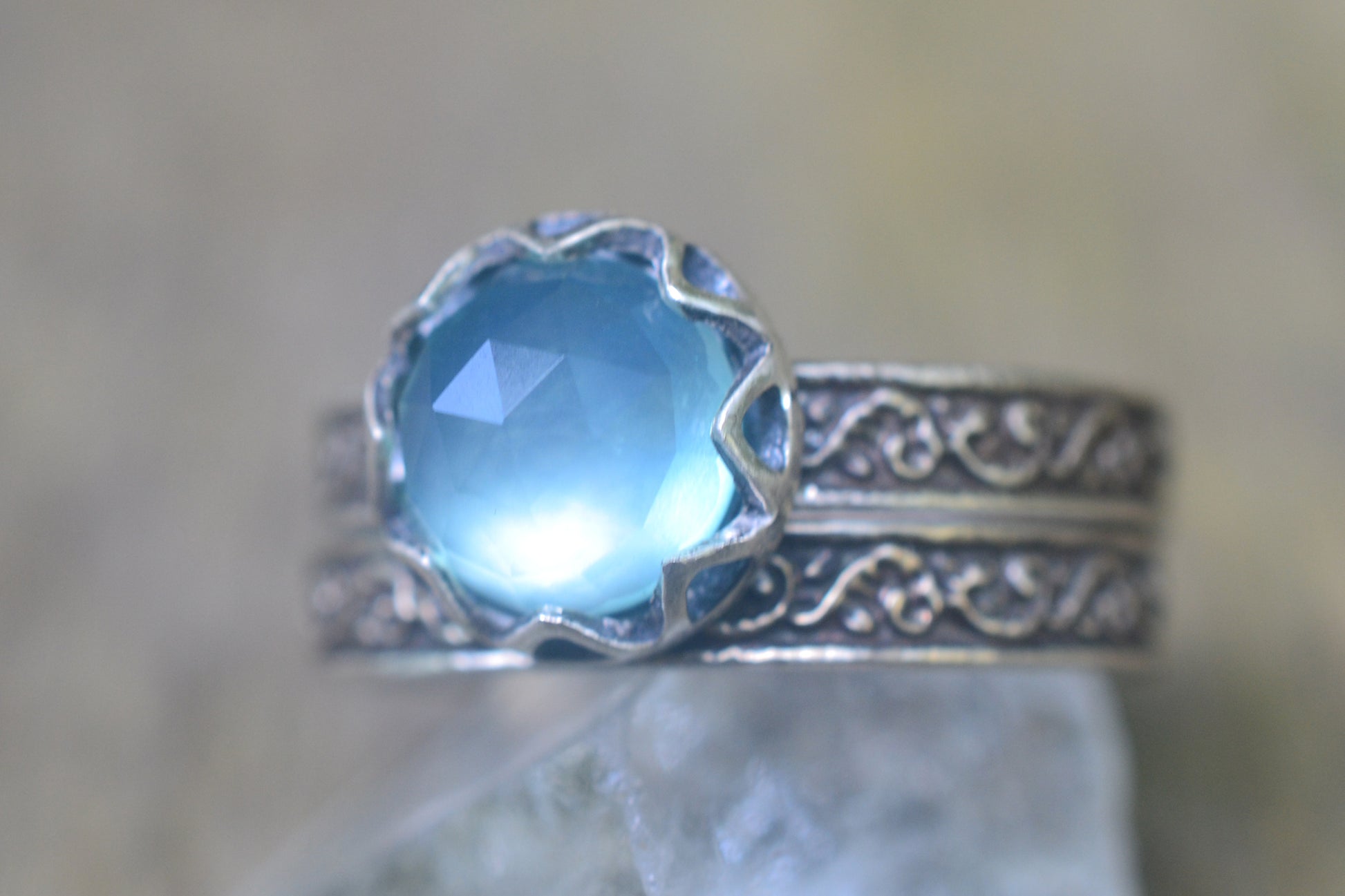 Rose Cut Blue Opal Engagement Ring Set in Silver
