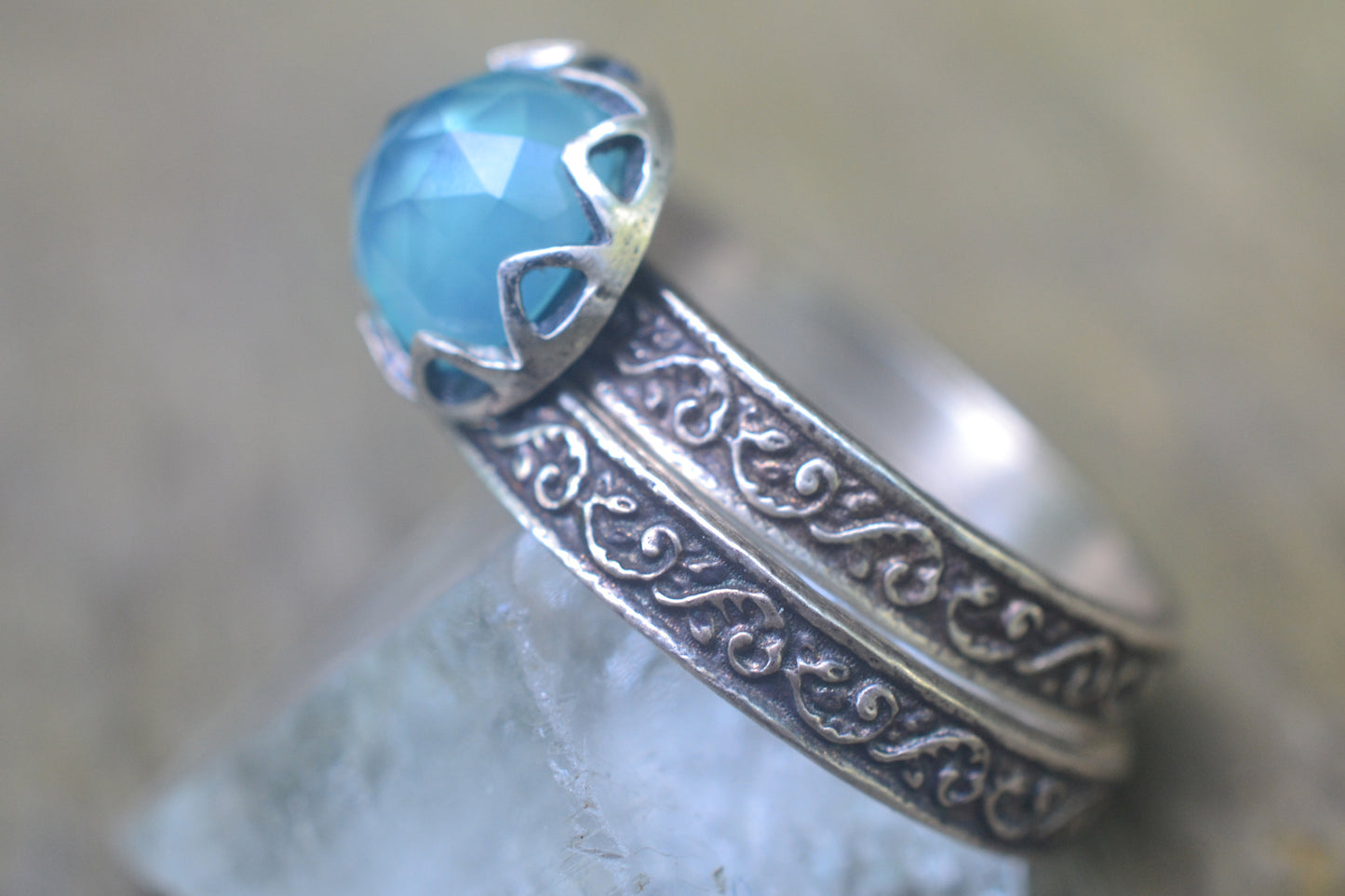 Bezel Set Blue Opal Wedding Ring Set