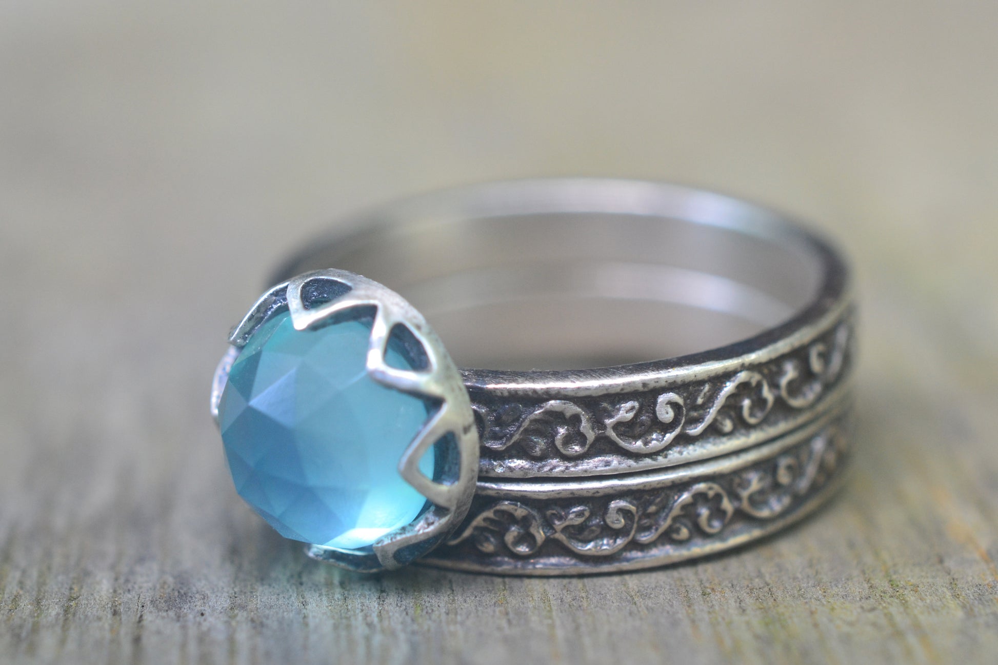 Blue Opal Bridal Set, Natural Stone Ring, Gothic Silver Wedding