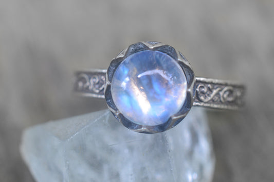 Renaissance Style Rainbow Moonstone Engagement Ring