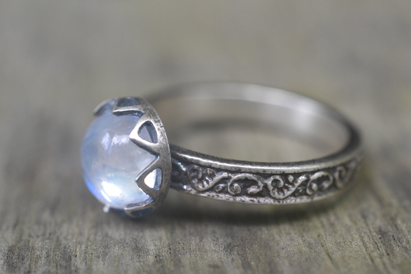 Womens Rainbow Moonstone Ring in Oxidised Silver