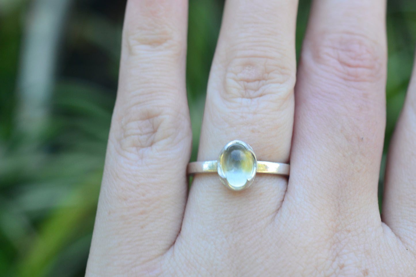 Natural Green Moonstone Crystal Ring in Silver