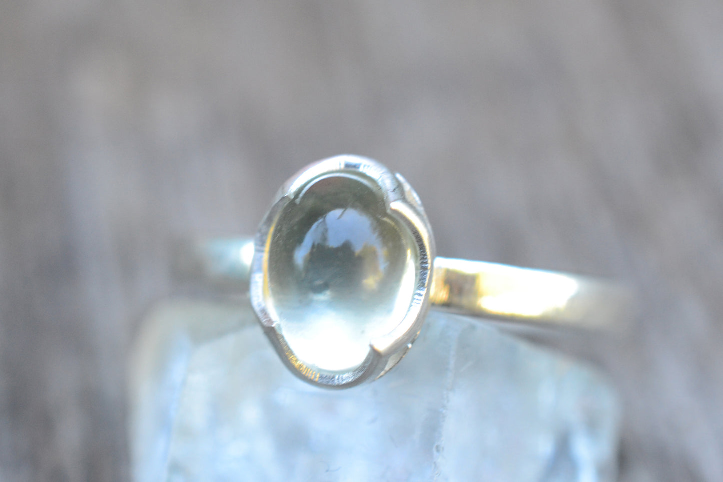 Natural Green Moonstone Crystal Ring in Silver