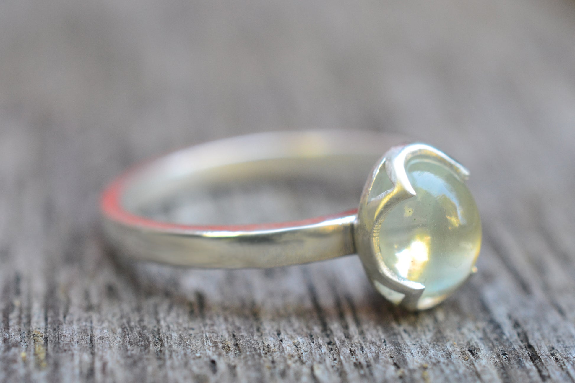 Oval Green Moonstone Cabochon Ring in Silver