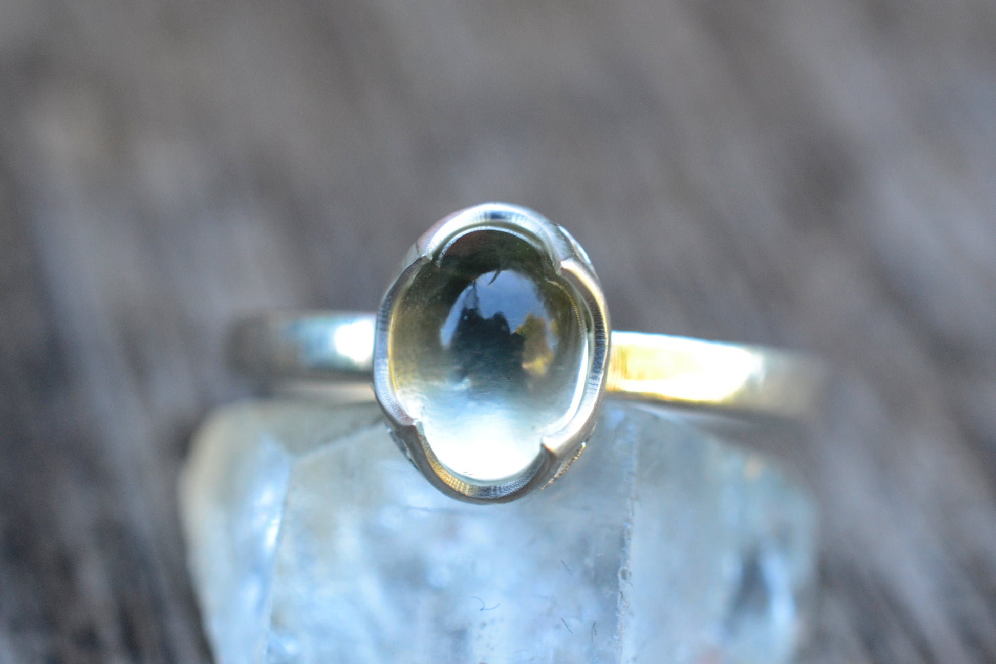 Bezel Set Oval Green Moonstone Ring in Silver