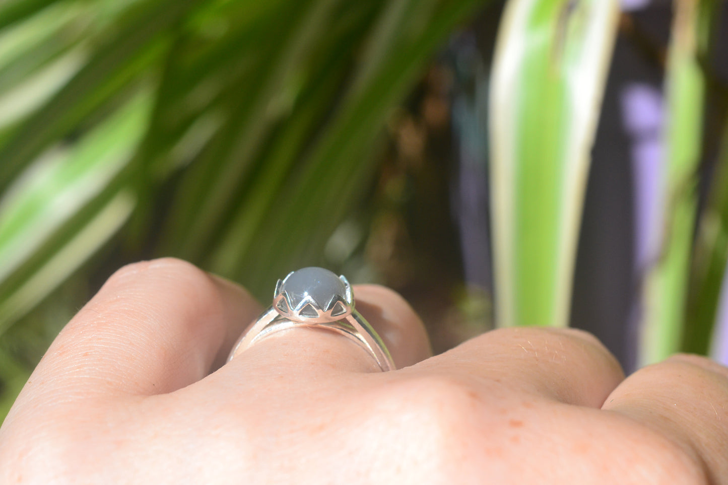 8mm Round Natural Grey Moonstone Crystal Ring