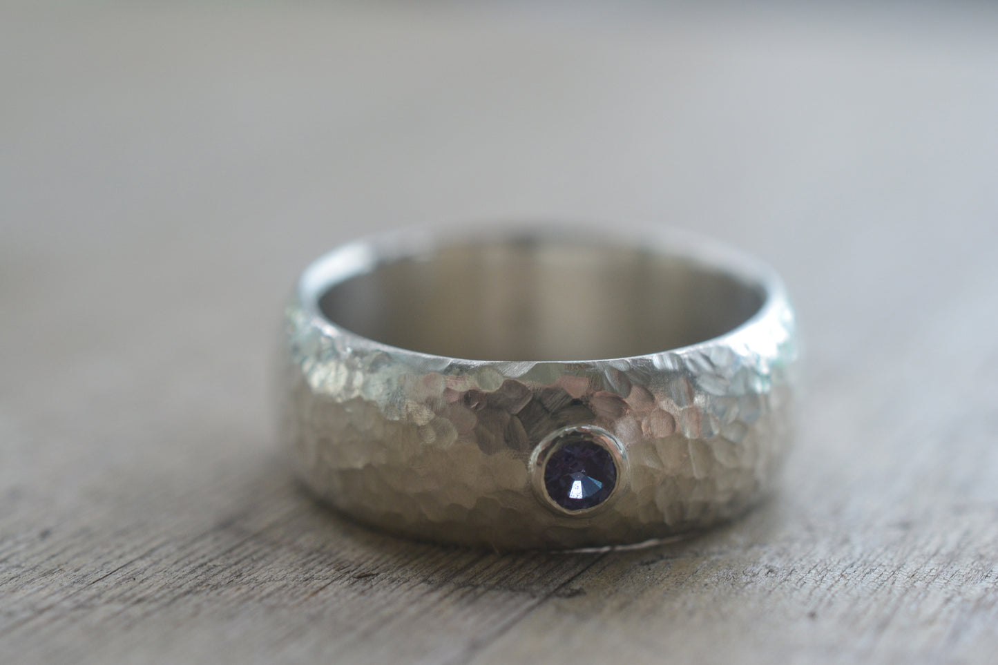 Beaten Silver Wedding Band With 3mm Round Stone
