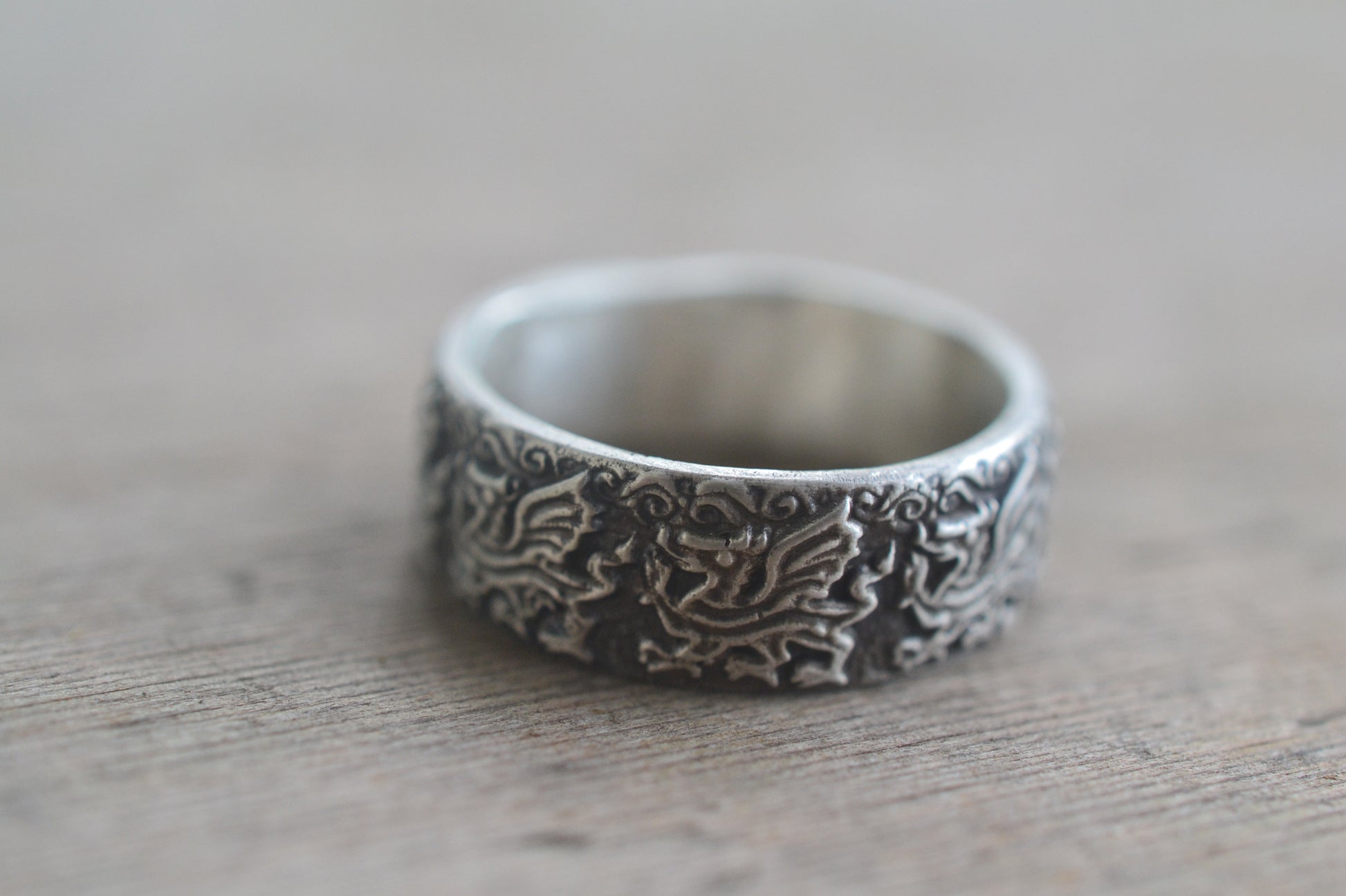 Heraldry Dragon Ring in Oxidised Sterling Silver