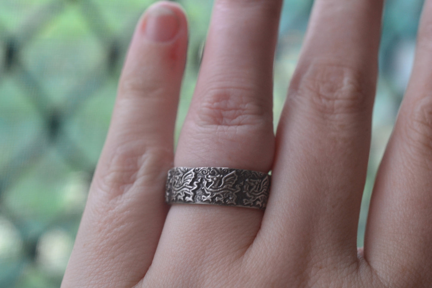 Silver Dragon Wedding Band with Oxidised Finish