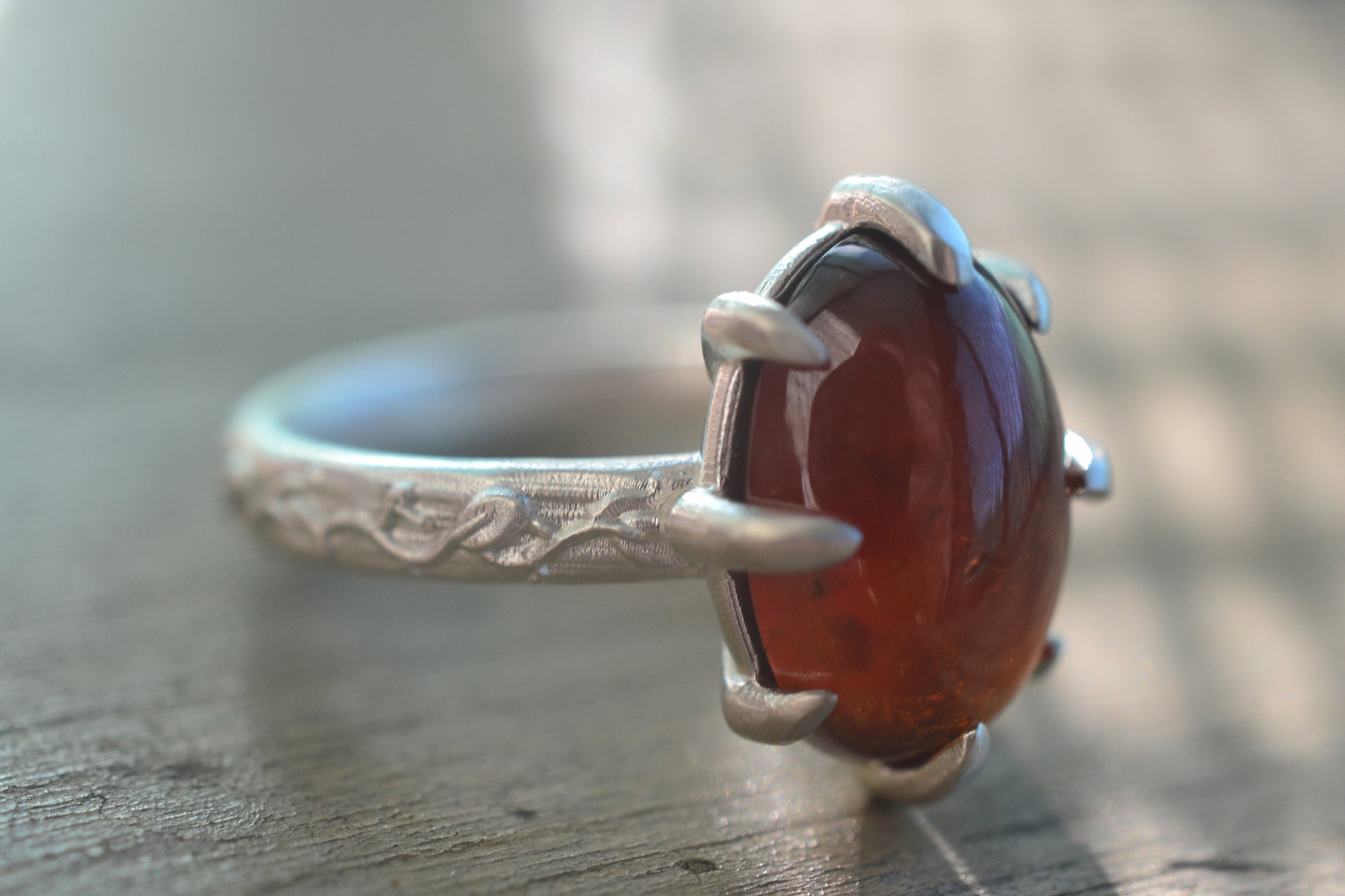 925 Silver Leaf Ring With Hessonite Garnet Stone