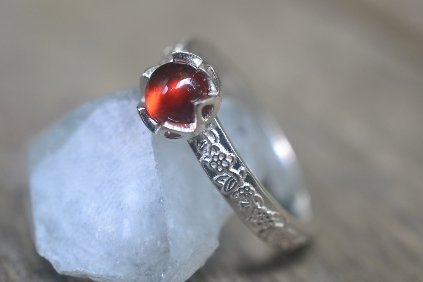 Silver Rose Leaf Ring With Natural Garnet