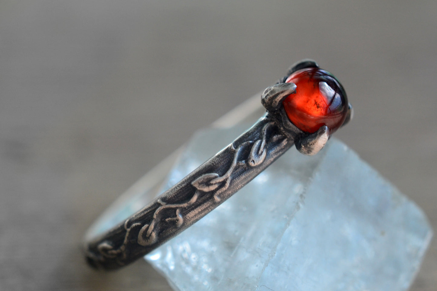 womens hessonite garnet leaf ring in oxidised silver