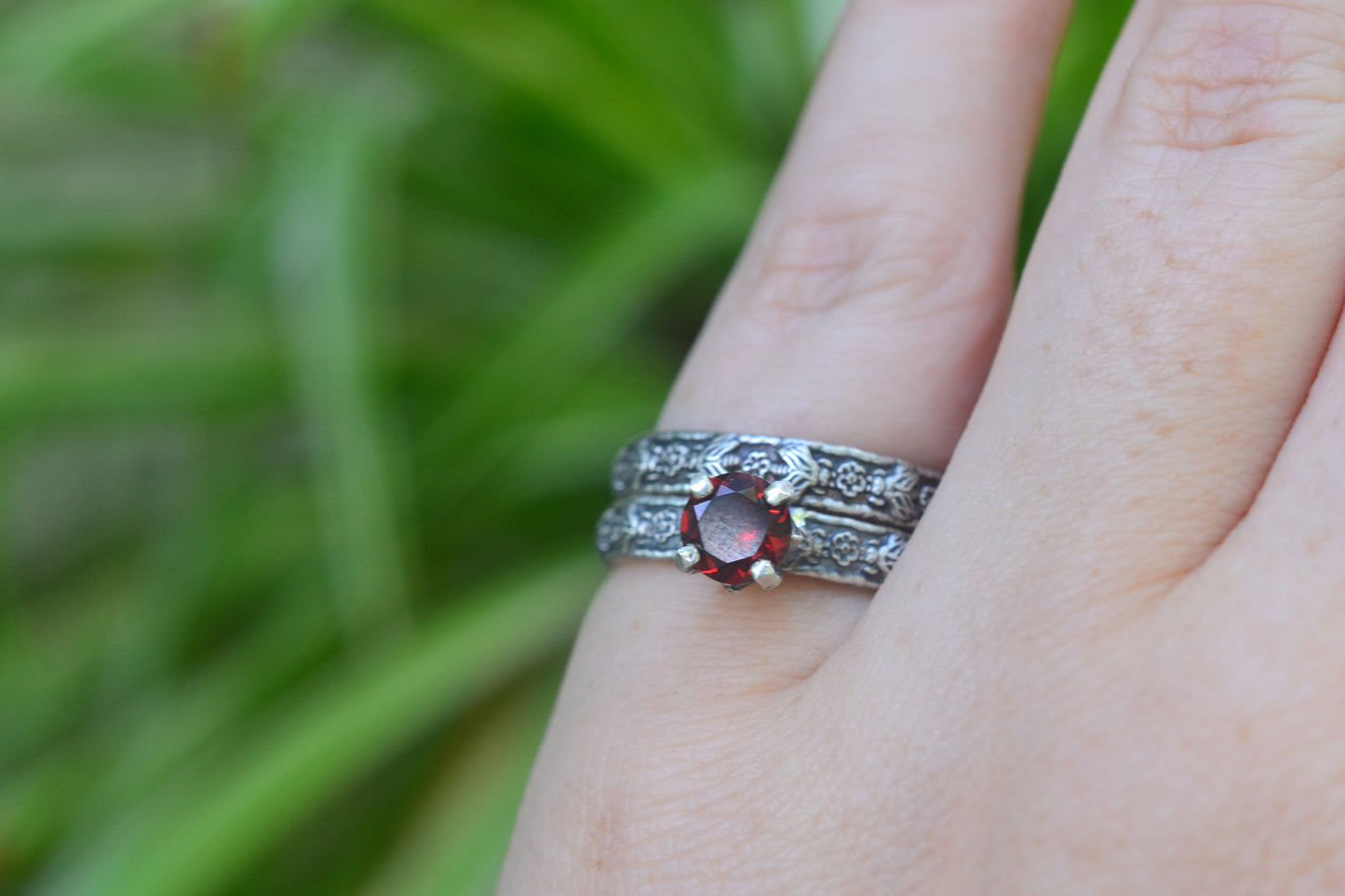 6mm Red Garnet Bridal Ring Set in Silver