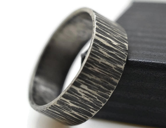 Oxidized Silver Tree Bark Men's Wedding Band