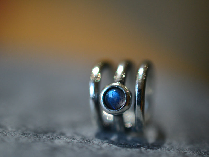 Bohemian Silver Ear Cuff With Natural Labradorite Stone
