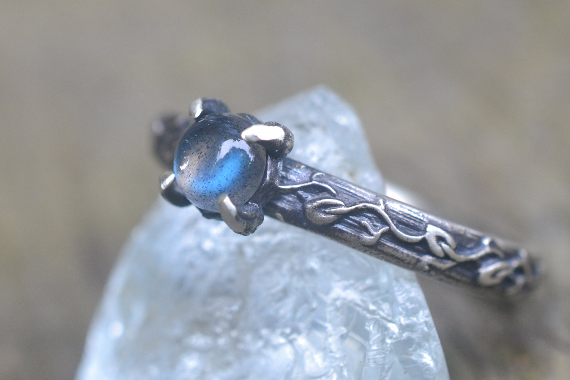 Labradorite Engagement Ring, Blue Fire Gem, Oxidised Silver Leaf Band ...
