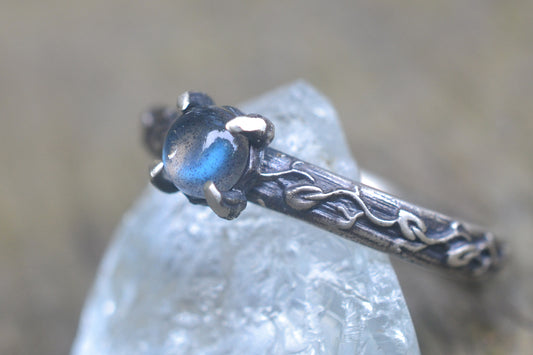 labradorite engagement ring with vine leaf pattern