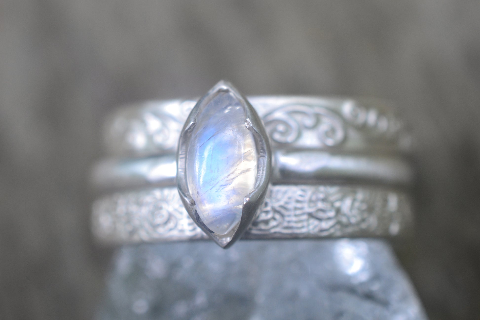 Patterned Silver Stacker Set With Moonstone