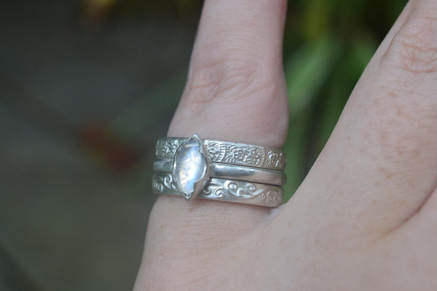 925 Silver Spiral, Flower & Rainbow Moonstone Rings