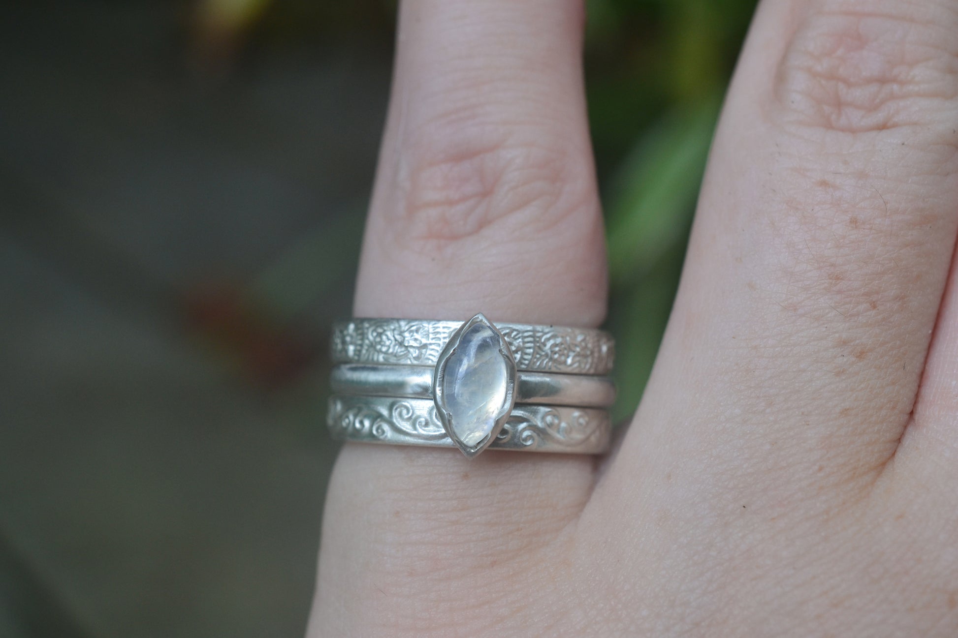 Unique Stacking Rings With Rainbow Moonstone