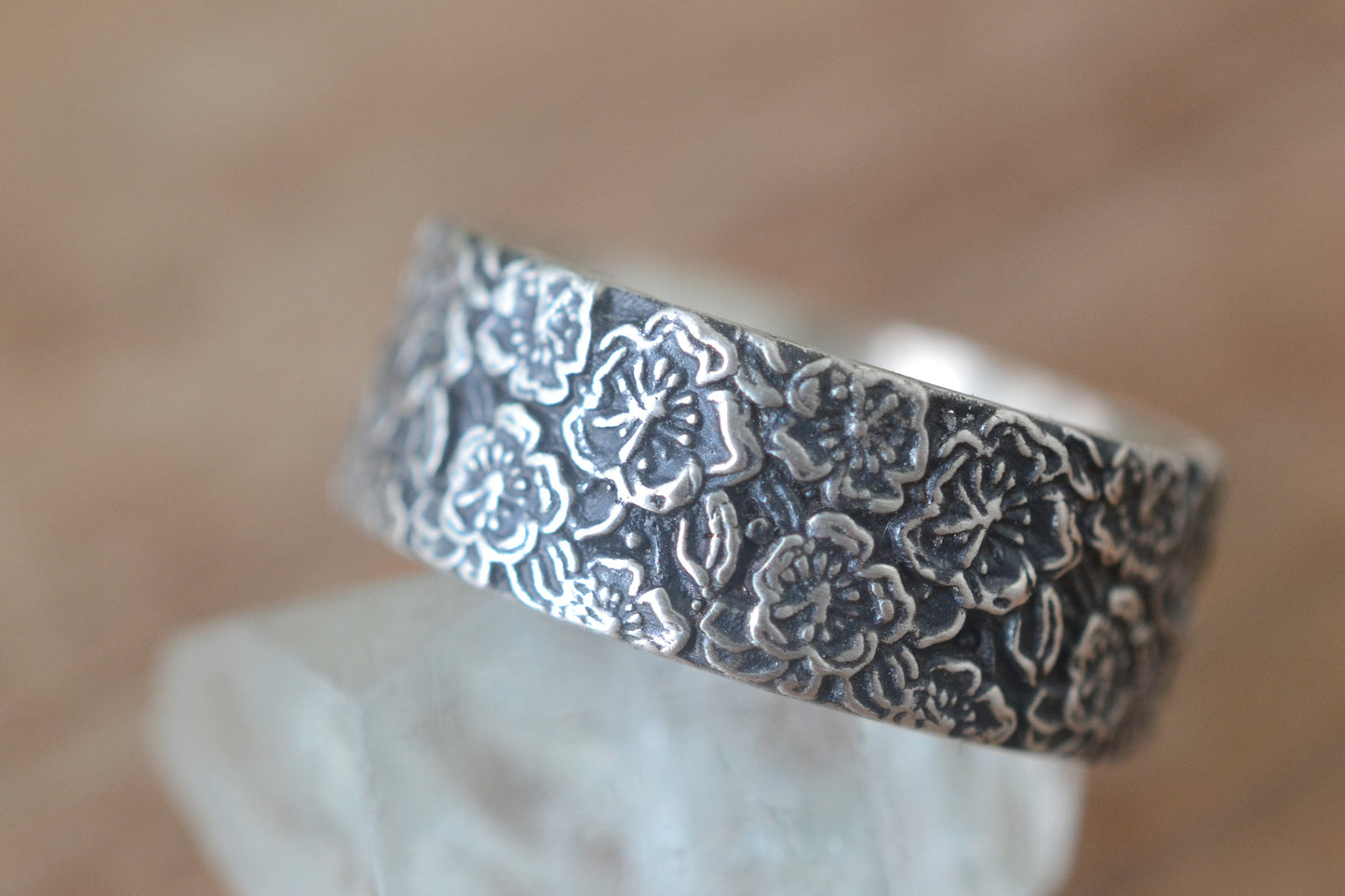 Wide Silver Flower Wedding Ring for Men