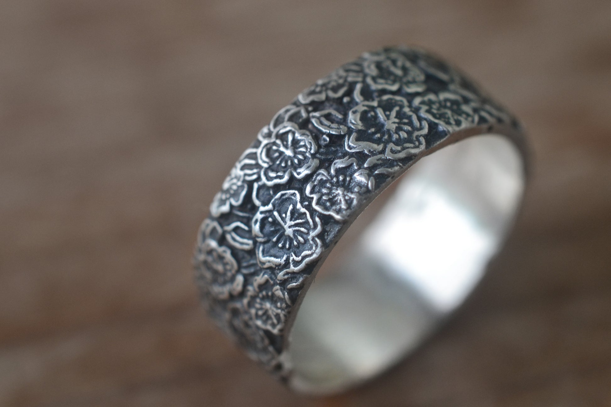 Oxidised Sterling Silver Floral Wedding Band