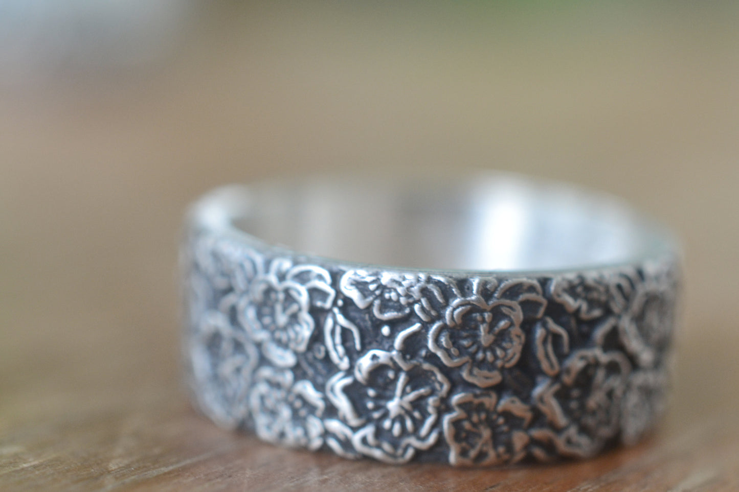 Wide Oxidised Silver Peach Blossom Ring