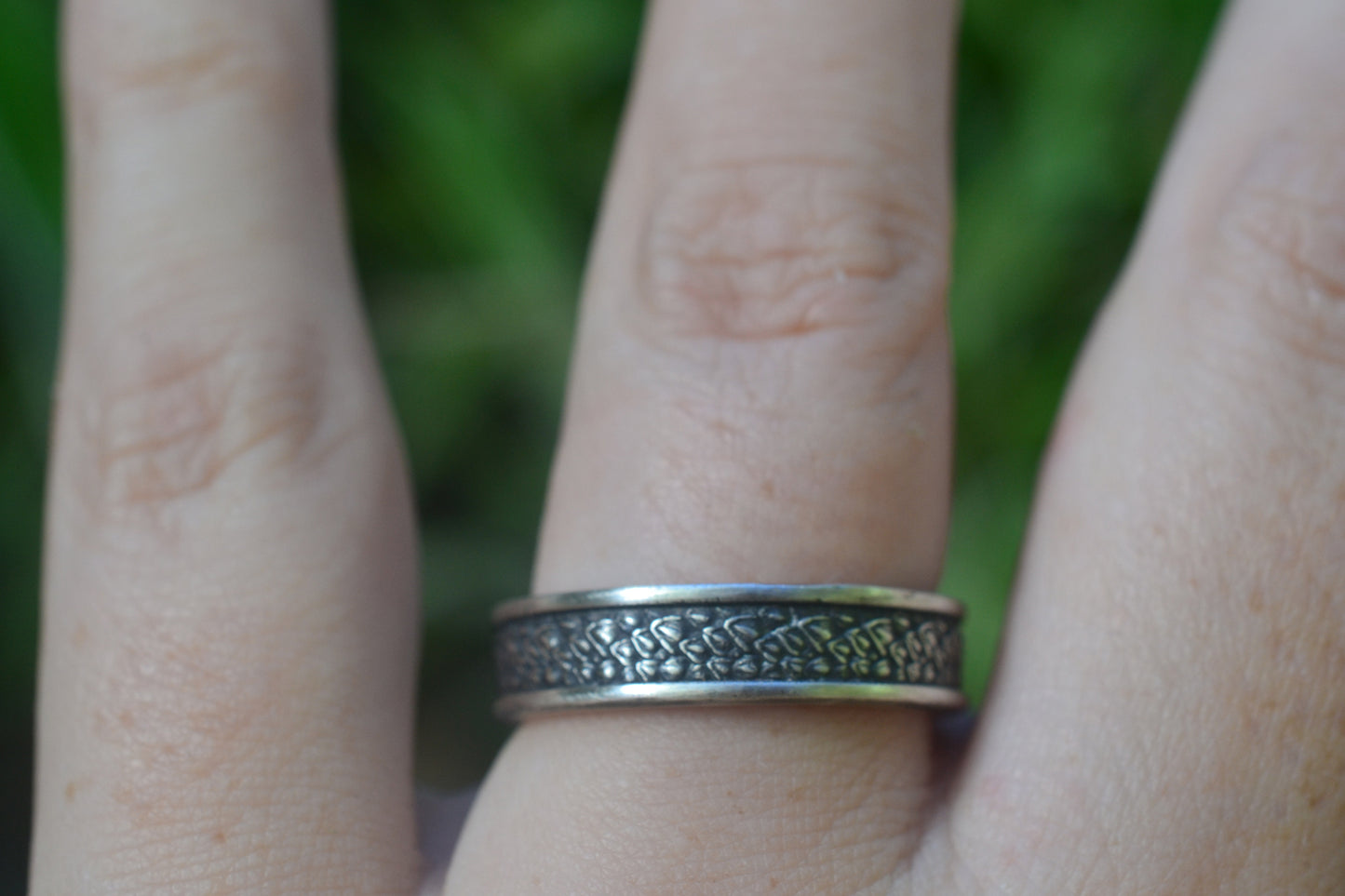 Mens Oxidised Silver Dragon Scale Wedding Band