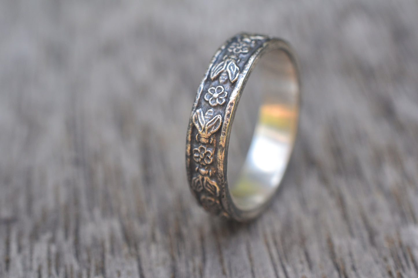 Oxidised Silver Rose & Honeybee Wedding Ring