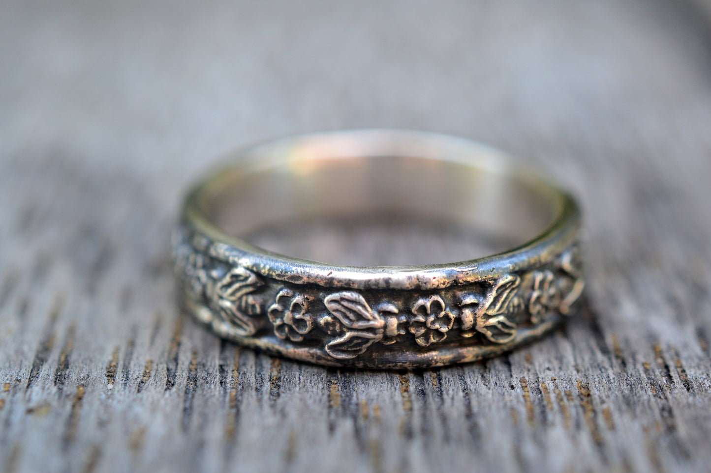 Rose & Honeybee Poesy Wedding Ring in Sterling