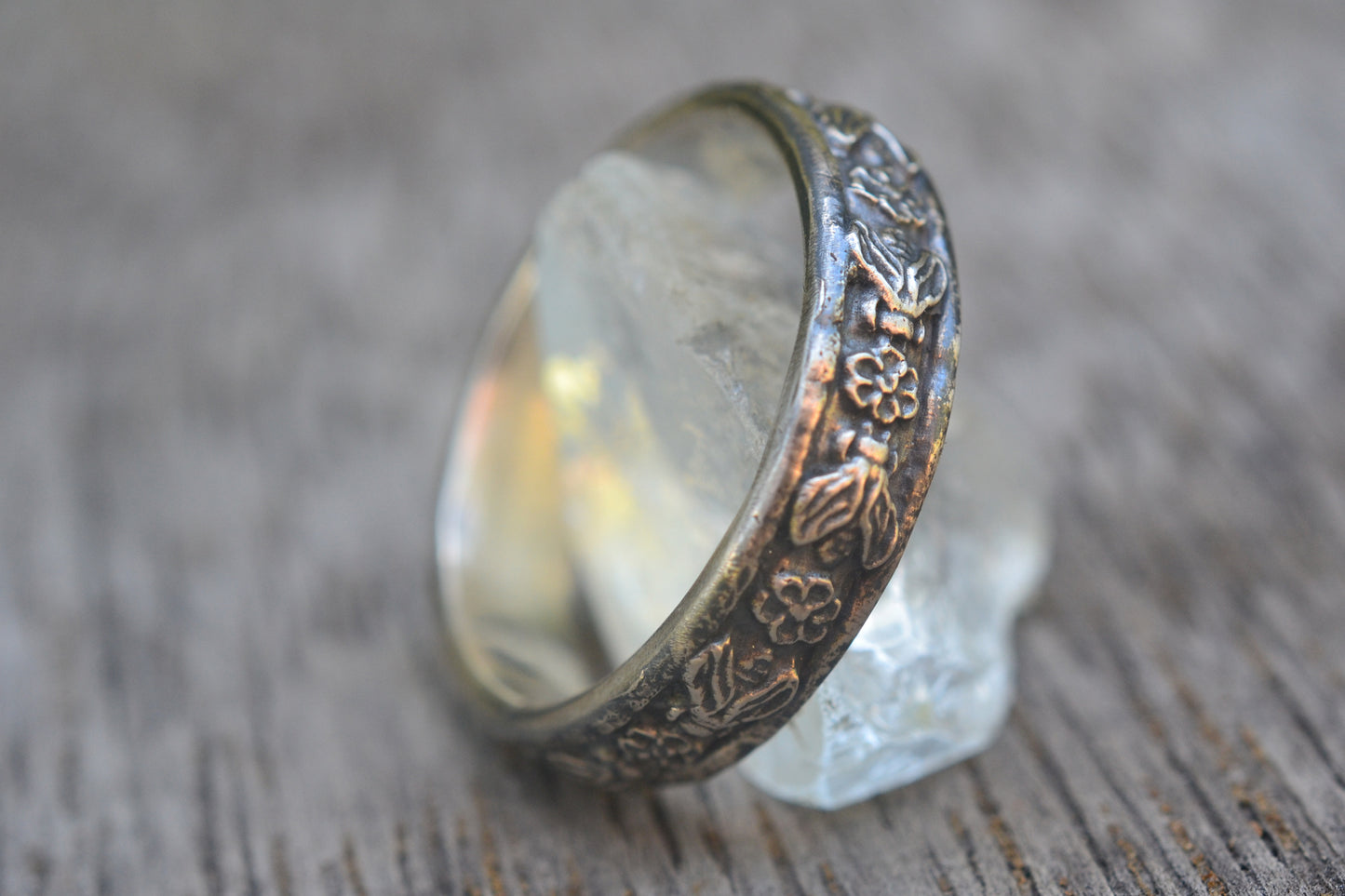 Bee & Flower Wedding Ring in Oxidised Silver