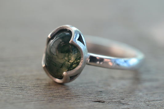 Natural Moss Agate Crystal Ring in 925 Silver
