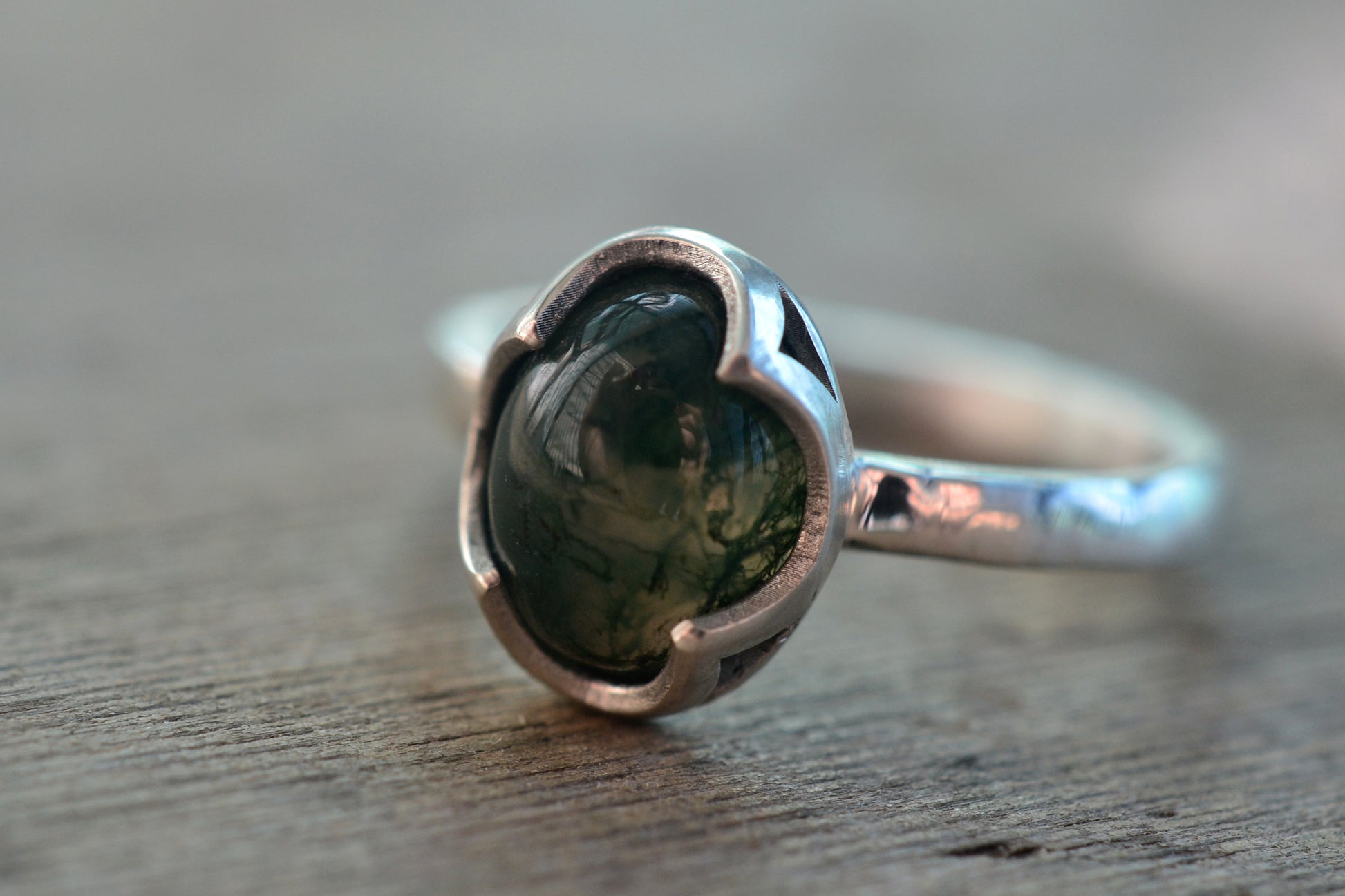 Moss Agate Bezel Ring in Sterling Silver