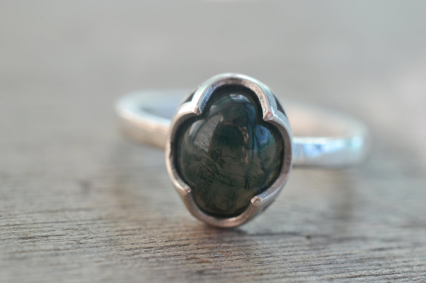 Oval Moss Agate Cabochon Ring in 925 Silver