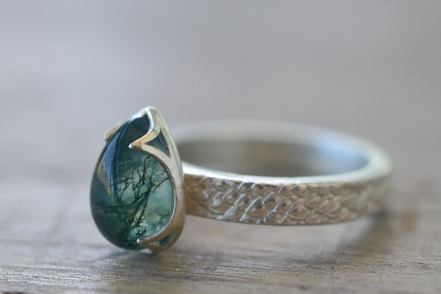 Pear Shape Moss Agate Crystal Ring in Silver