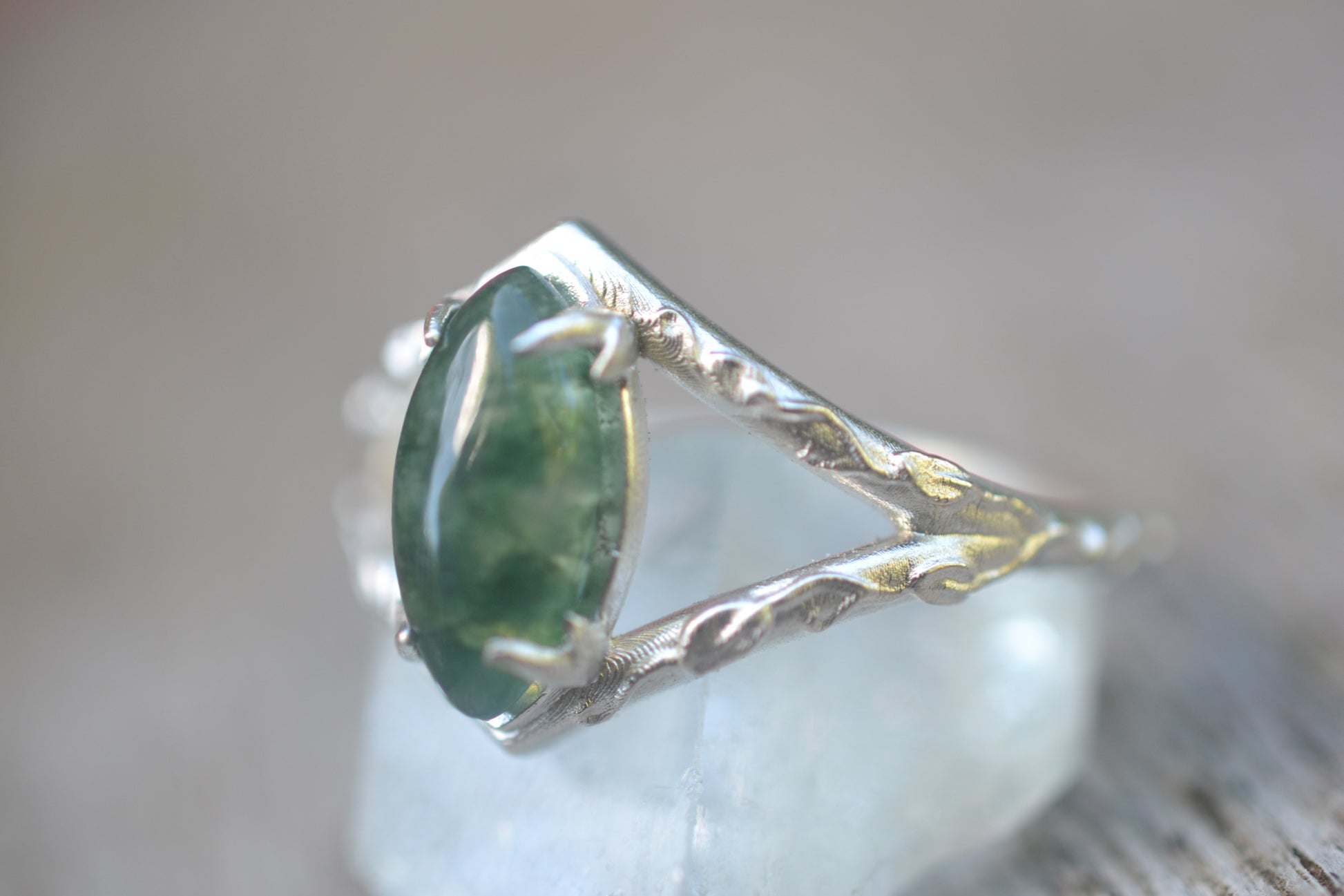 Marquise Cut Moss Agate Ring with Leaves