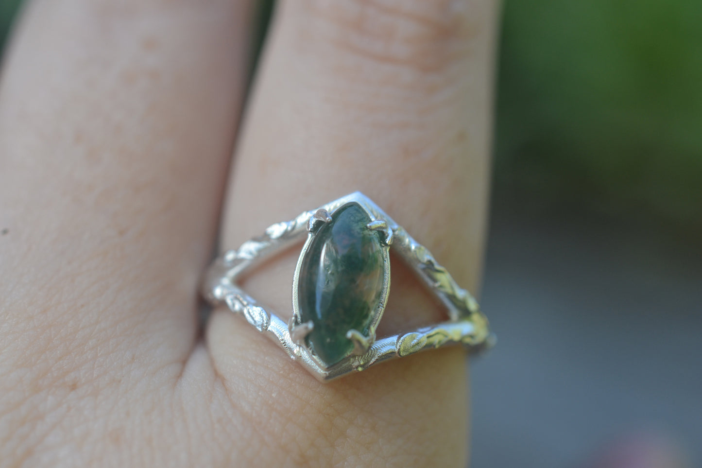 Elven Engagement Ring With Moss Agate Crystal