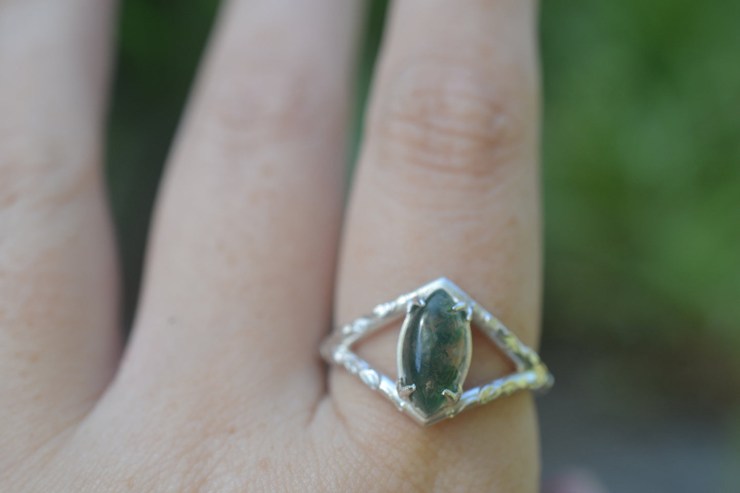 Marquise Cut Moss Agate Ring In Silver