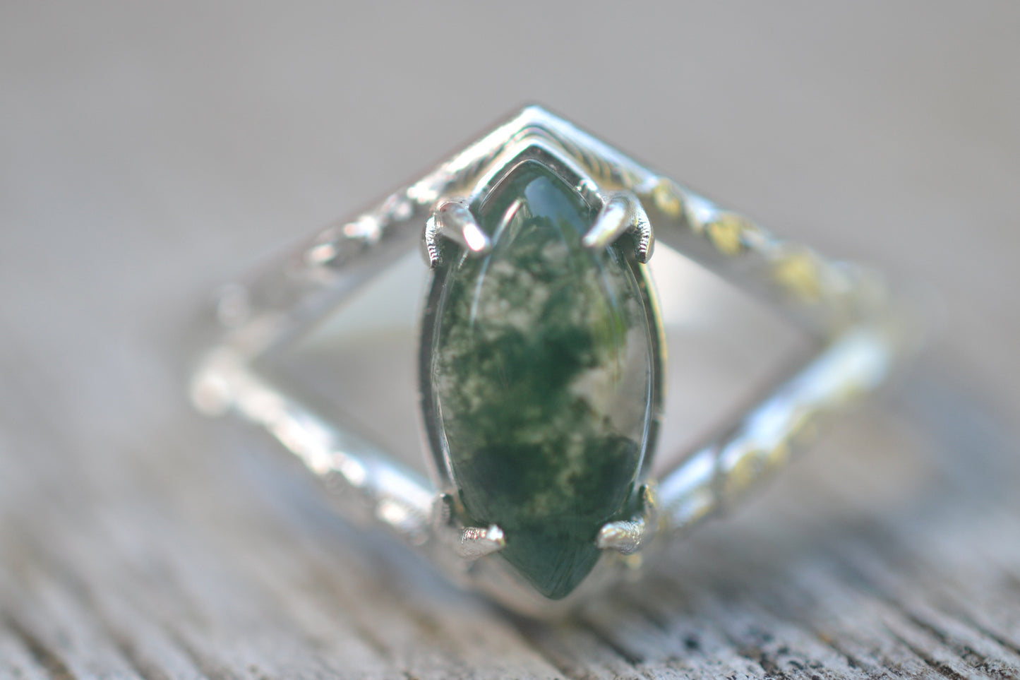 Prong Set Moss Agate Art Deco Style Ring