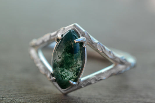 Moss Agate Crystal Engagement Ring in Silver