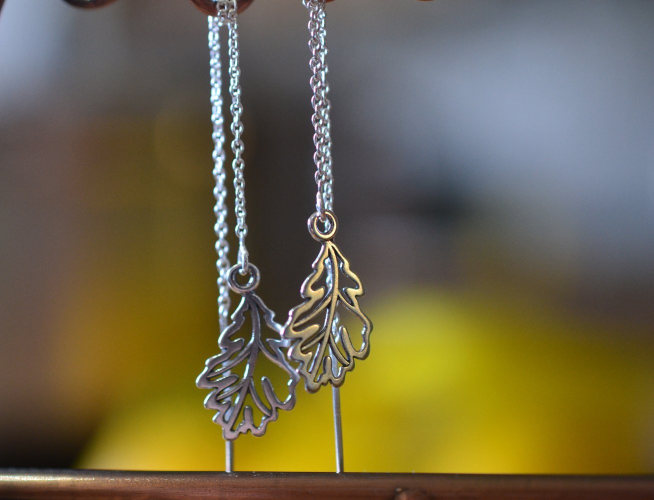 Sterling Silver Oak Leaf Threader Earrings With Chain