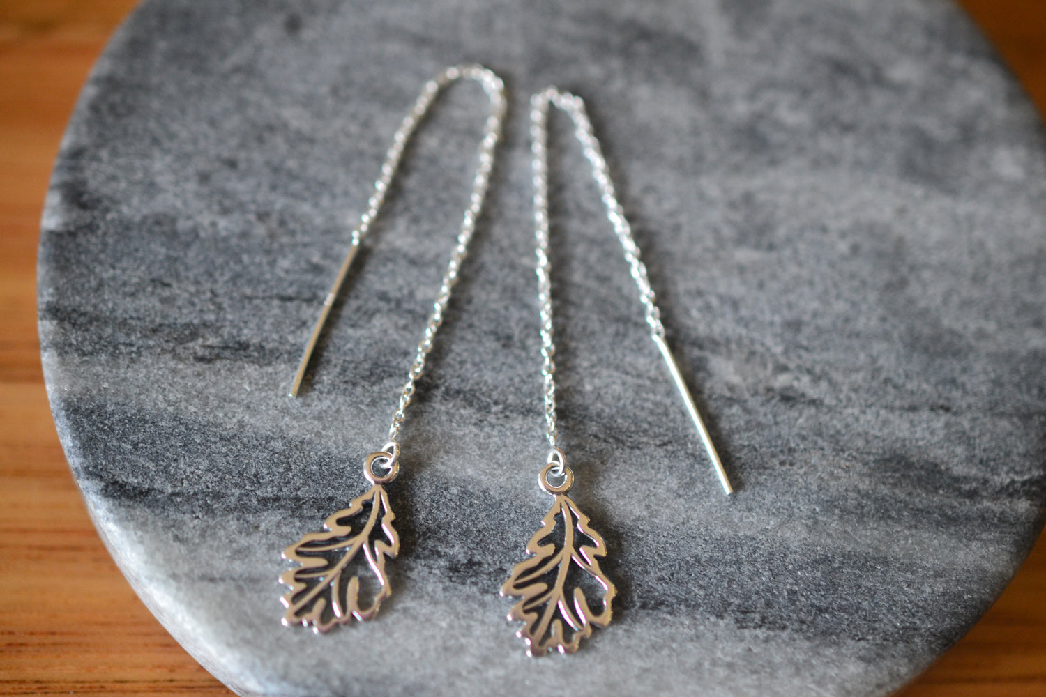 Dainty Oak Leaf Thread Earrings in Sterling Silver