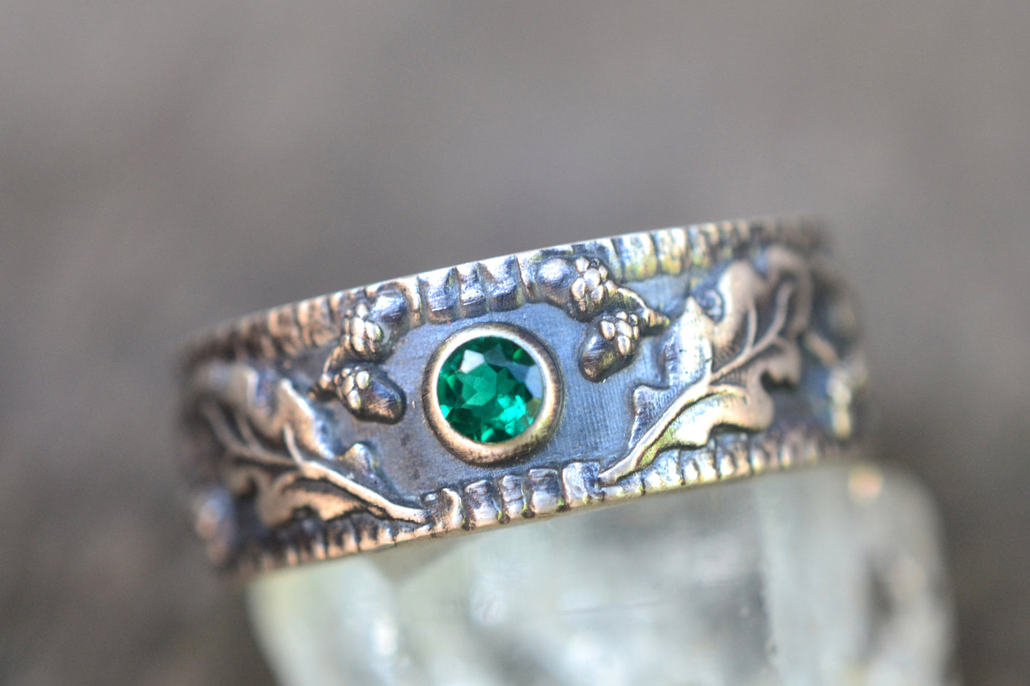 Men's Oak & Acorn Wedding Band With Emerald