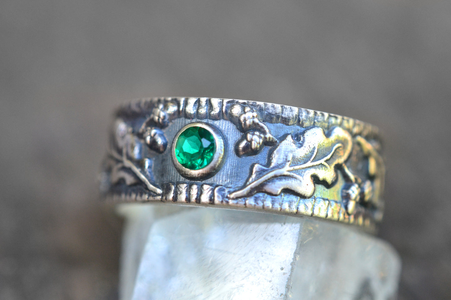 Pagan Wedding Band With Oak Leaf Acorn Pattern & Emerald