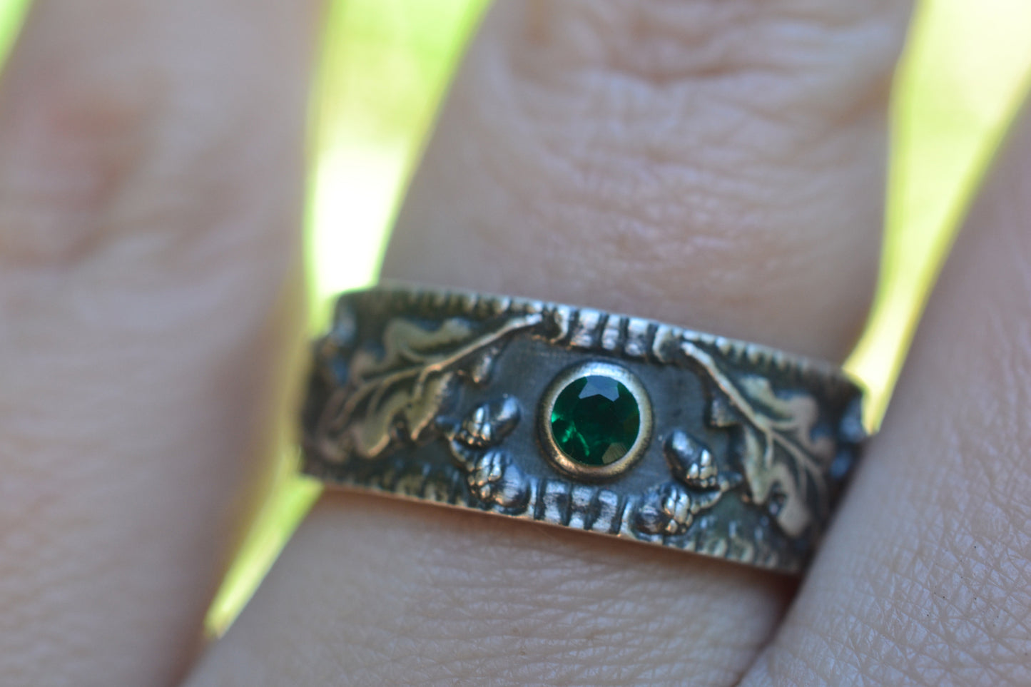 Personalised Oak Leaf & Acorn Wedding Band With 3mm Emerald