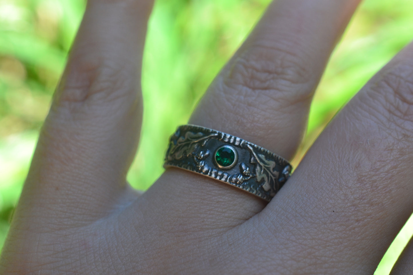 Custom Made Men's Druid Oak Leaf Wedding Band With Emerald