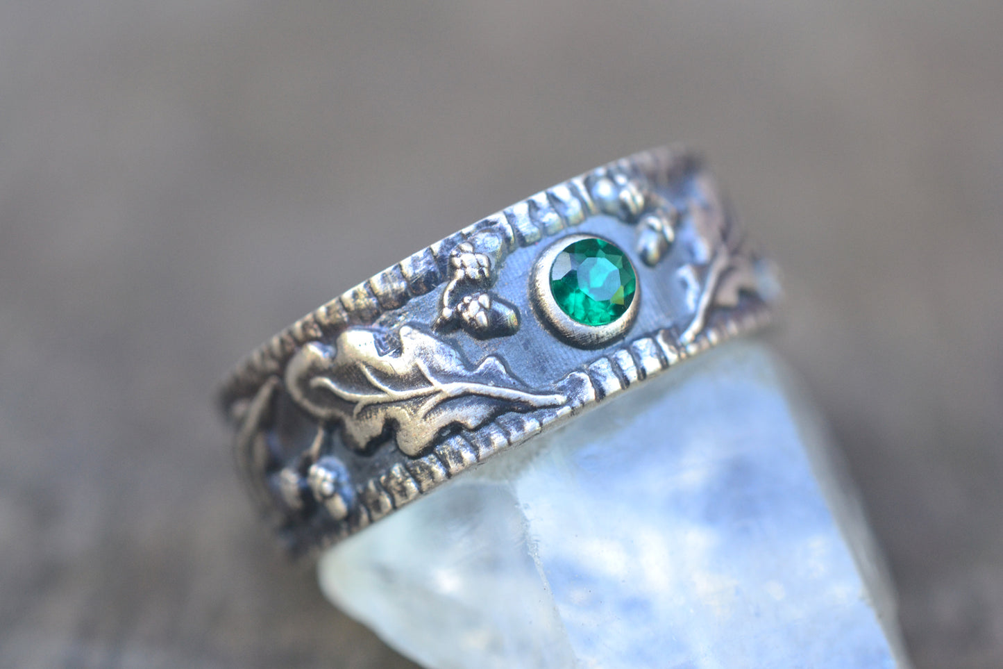  Oxidised Silver Oak Leaf & Acorn Wedding Band With Emerald