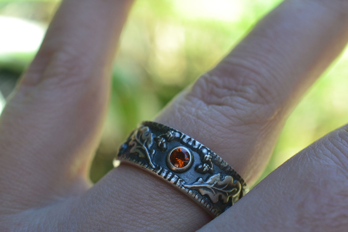 Druid Acorn Wedding Band With Hessonite Garnet