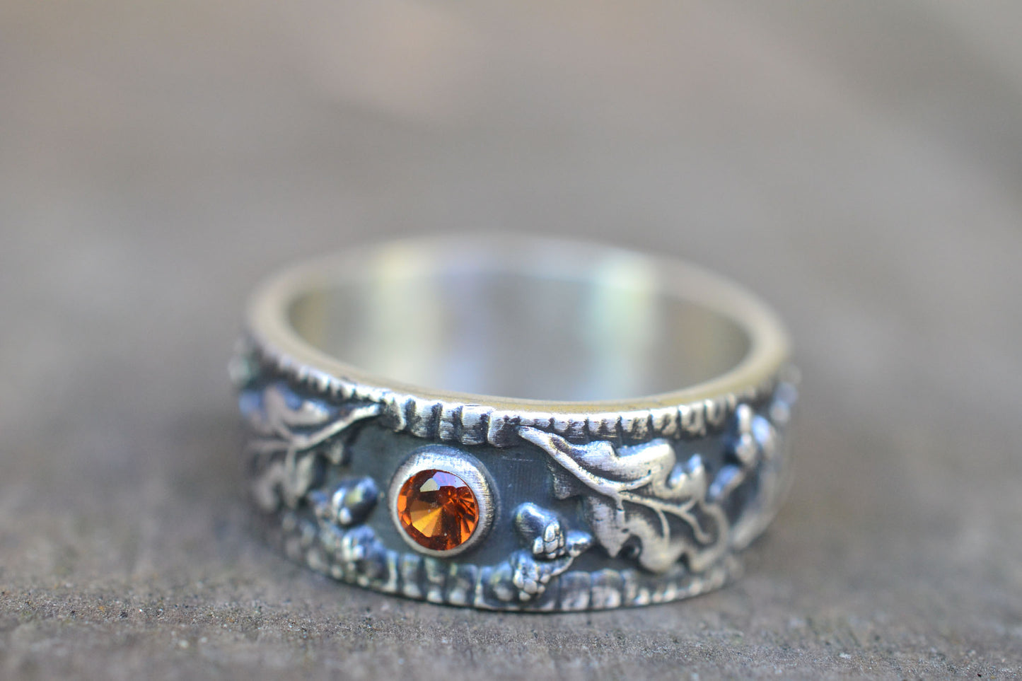 Hessonite Garnet Wedding Band With Oak Leaf Pattern