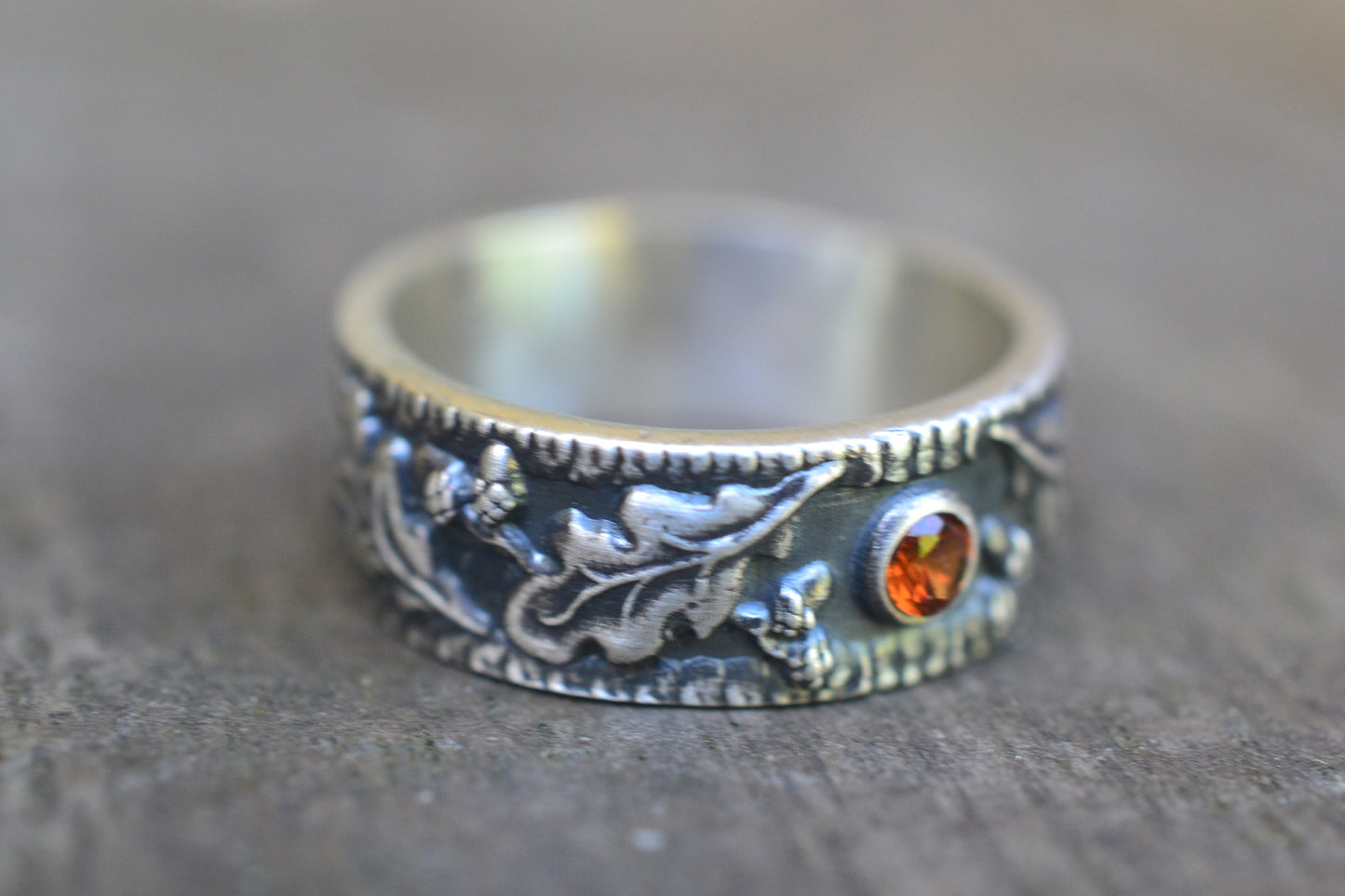 3mm Hessonite Garnet Ring With Oak Leaves